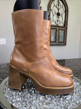 Steve Madden Cognac Leather Block Heel square toe Mid-Calf Boots NEW 10
